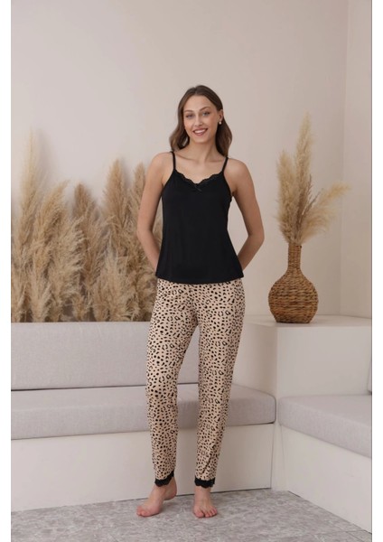 Milan Kumaş Leopar Desenli 3'lü Pijama Takımı -7571