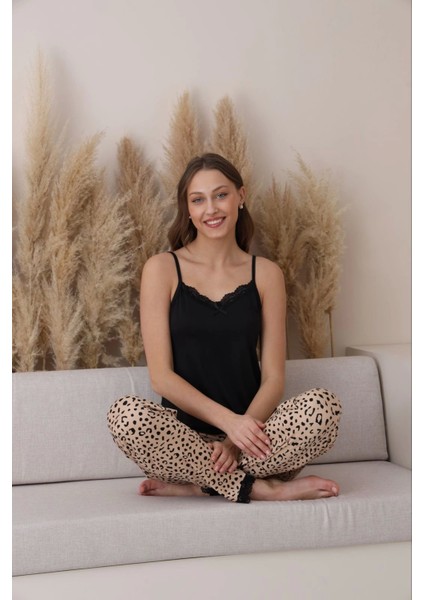 Milan Kumaş Leopar Desenli 3'lü Pijama Takımı -7571