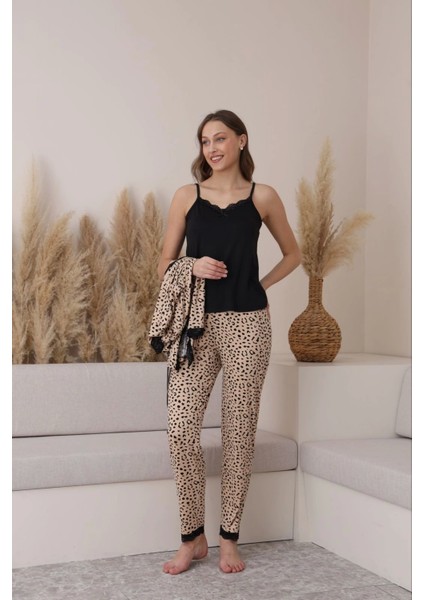 Milan Kumaş Leopar Desenli 3'lü Pijama Takımı -7571