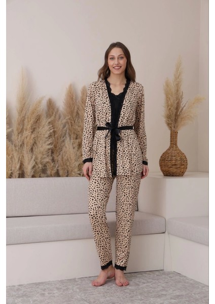 Milan Kumaş Leopar Desenli 3'lü Pijama Takımı -7571