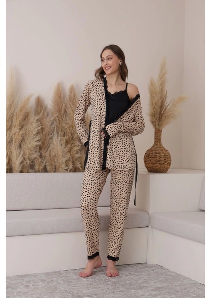 Milan Kumaş Leopar Desenli 3'lü Pijama Takımı -7571
