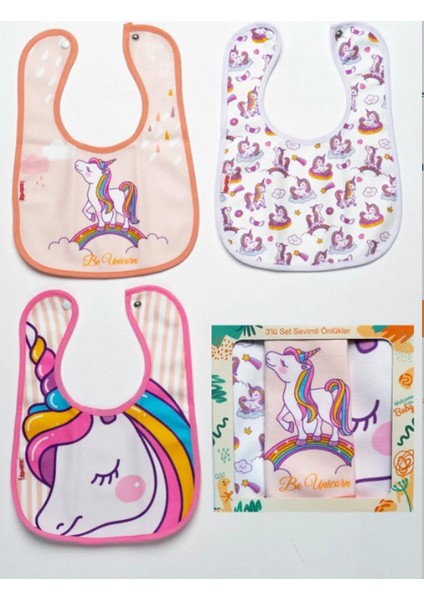 Unıcorn Desenli 3'lü Microfiber Sıvı Geçirmez Mama Önlüğü