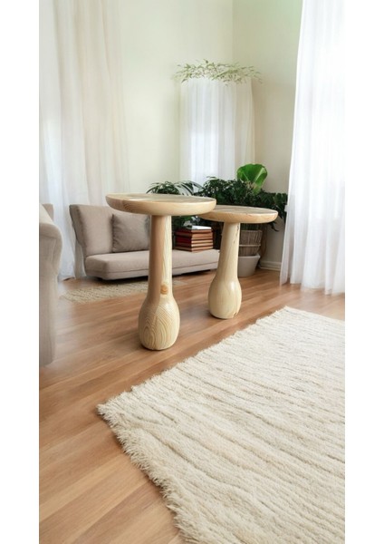 Wood Ahşap 2'li Set Vazo Mantar Yan Sehpa Modern Fiskos /naturel Renk / Zigon Sehpa Vernikli