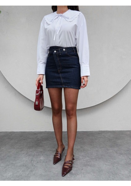 Çapraz Bel Detaylı Mini Denim Etek