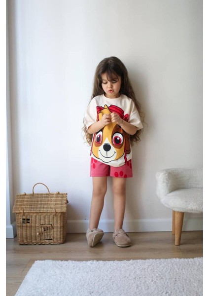 Paw Patrol Baskılı Kız Çocuk Kısa Kollu Şortlu Takım Krem - 3-4 Yaş