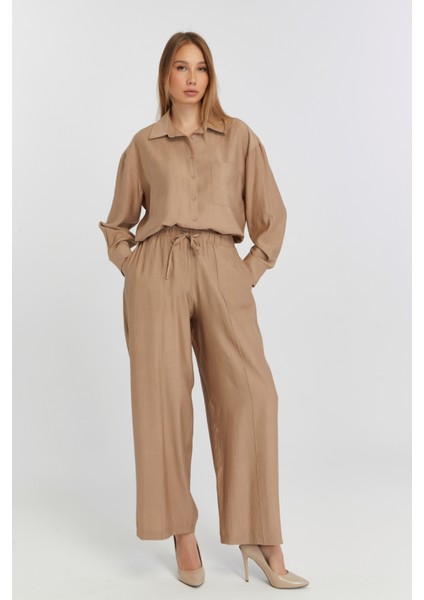 Kadın Camel Bol Paça Dokuma Pantolon
