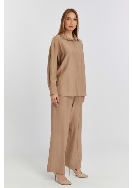 Kadın Camel Bol Paça Dokuma Pantolon