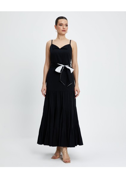 Kadın Askılı Uzun Elbise - Kemer Detaylı - Modern ve Şık - Günlük ve Özel Günler Için Elbise