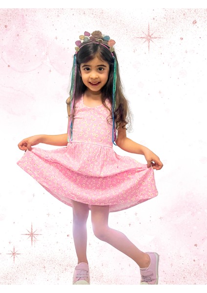 Çiçek Desenli Kız Çocuk Elbise, Kolsuz, Fırfırlı Etekli, Pembe Renk, Günlük Giyim