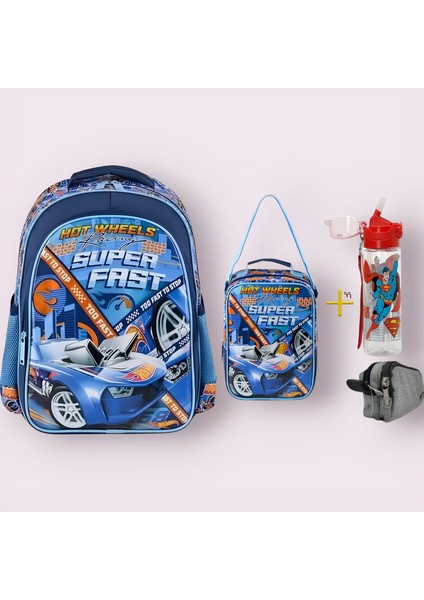 Hot Wheels Lisanslı Okul Çantası - Beslenme Çantası Set - Kalem Kutusu ve Suluk&matara Hediye