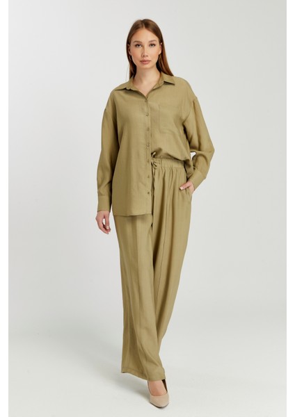 Kadın Haki Bol Paça Dokuma Pantolon modelleri