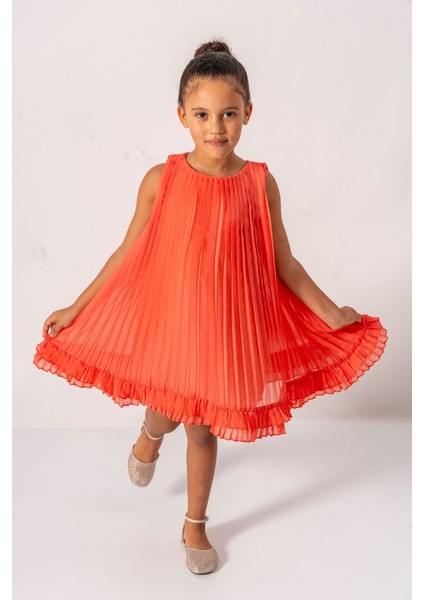 Premium Pileli Şifon Kız Çocuk elbise - Nar Çiçeği