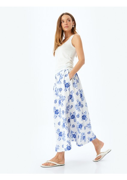 Pamuklu Yüksek Bel Cepli Çiçekli Uzun Poplin Etek