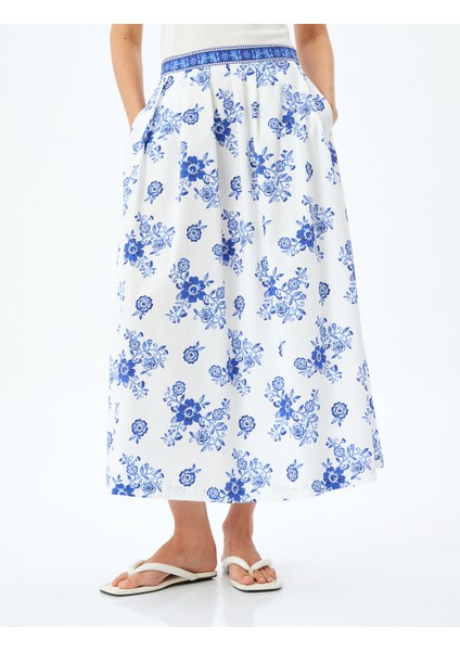 Pamuklu Yüksek Bel Cepli Çiçekli Uzun Poplin Etek modelleri