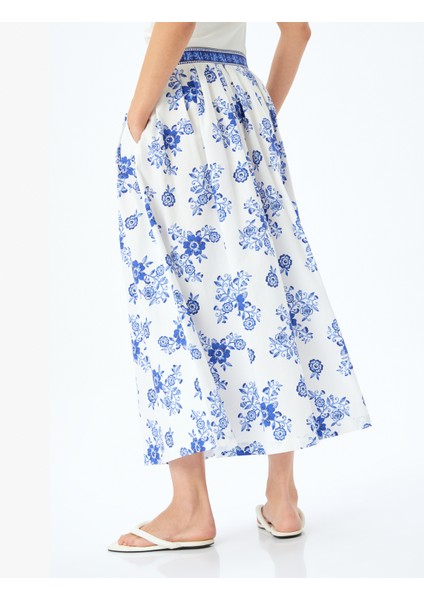 Pamuklu Yüksek Bel Cepli Çiçekli Uzun Poplin Etek fırsatları