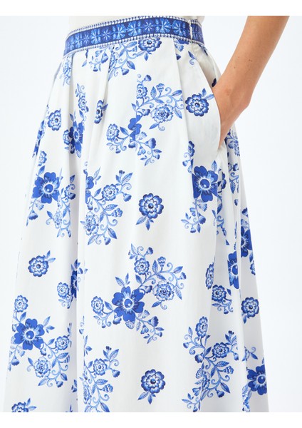 Pamuklu Yüksek Bel Cepli Çiçekli Uzun Poplin Etek indirimleri