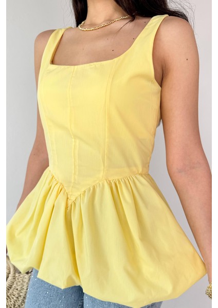 BLZ-06284 Sarı Askılı Astarlı Balon Bluz