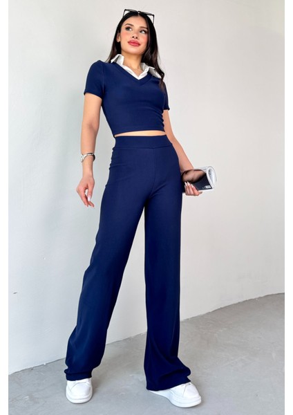 TKM-13264 Siyah Gömlek Detay Crop Bluz Yüksek Bel Pantolon Ikili Takım