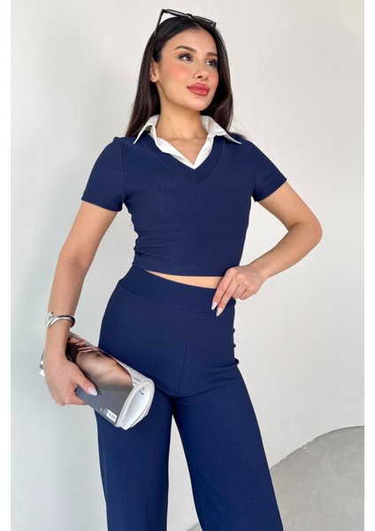 TKM-13264 Siyah Gömlek Detay Crop Bluz Yüksek Bel Pantolon Ikili Takım