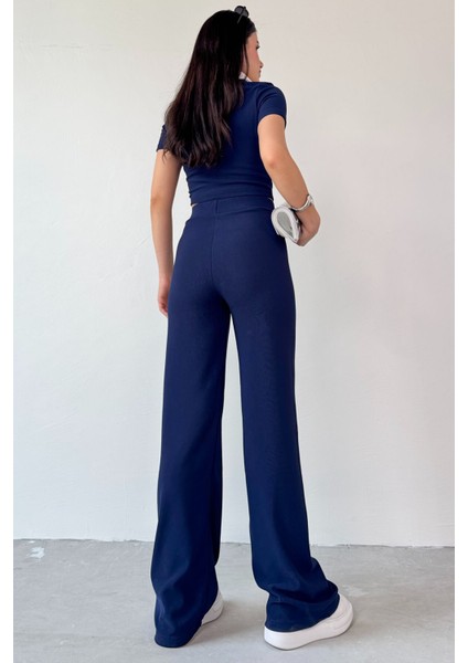 TKM-13264 Siyah Gömlek Detay Crop Bluz Yüksek Bel Pantolon Ikili Takım