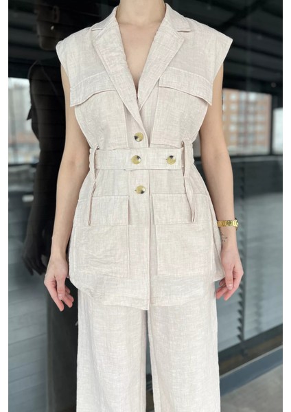 Kadın Bel Kuşaklı Yelek Pantolon Ikili Takım P-00016294 fırsatları