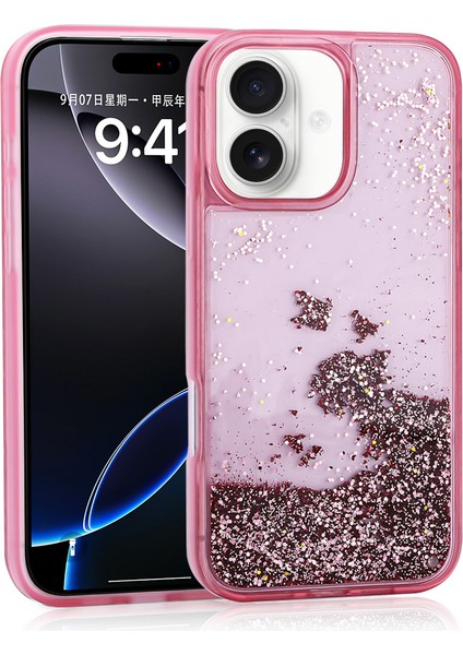 Apple iPhone 16 Uyumlu Kılıf Sıvılı Simli Şeffaf Arka Yüzey Akav Keto Silikon Kapak-Pembe