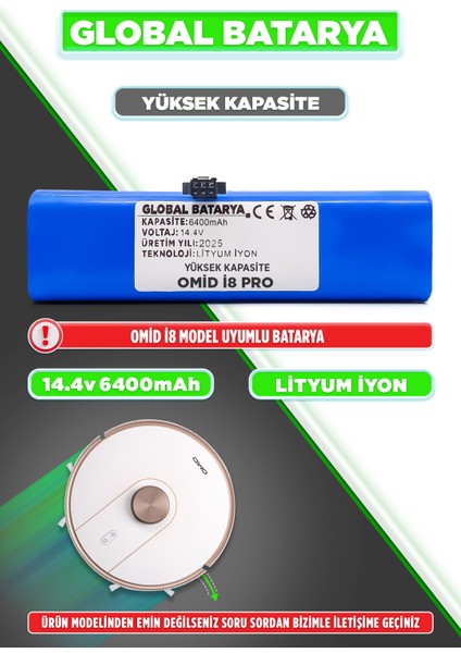 Omid I8 Pro Uyumlu Akıllı Robot Süpürge Bataryası 14.4v 6400mah Li-Ion Pil (Yüksek Kapasite)
