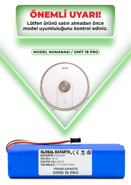 Omid I8 Pro Uyumlu Akıllı Robot Süpürge Bataryası 14.4v 6400mah Li-Ion Pil (Yüksek Kapasite)