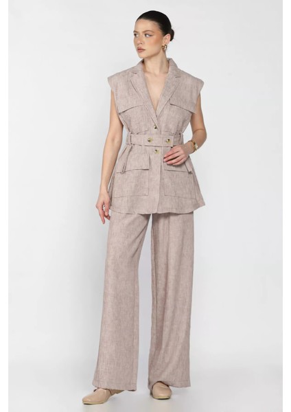 Kadın Bel Kuşaklı Yelek Pantolon Ikili Takım P-00016294