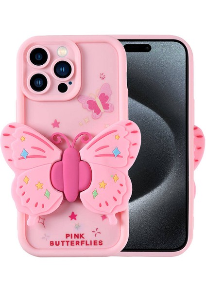 Apple iPhone 15 Pro Max Kılıf Kamera Korumalı Figür Tasarımlı Akav Kapya Kapak-Pembe Açık