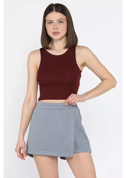 Kadın Fermuarlı Bel Lastikli Gabardin Şort Etek P-00015896