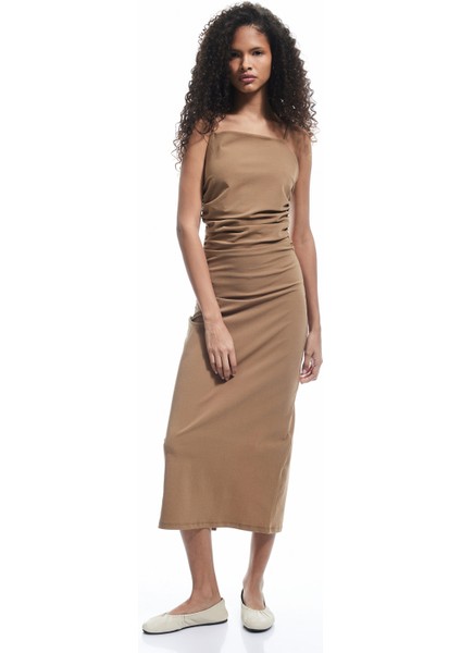 Ip Askılı Kare Yaka Drapeli Yırtmaçlı Midi Elbise fiyatları