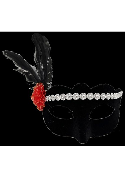 Siyah Renk Süet Kaplama Gümüş Dantelli Kırmızı Gül Tasarımlı Parti Maskesi 18x20 Cm