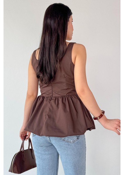 BLZ-06284 Kahverengi Askılı Astarlı Balon Bluz