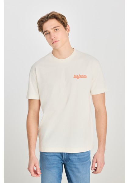 %100 Pamuk Relaxed Fit Geniş Kesim Bisiklet Yaka Baskılı Ekru Tişört indirimleri