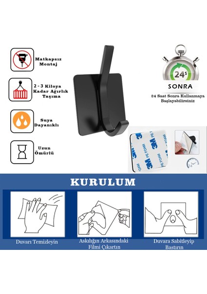 Kendinden Yapışkanlı Askılık Havlu Duvar Portmanto Askısı Çelik Pakette 5 Adet