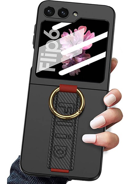 Galaxy Z Flip 6 Kılıf Kamera Korumalı Yüzüklü Karbon Tasarımlı Ardx Flip Ring Kıpta Kapak-Gri-Yeşil