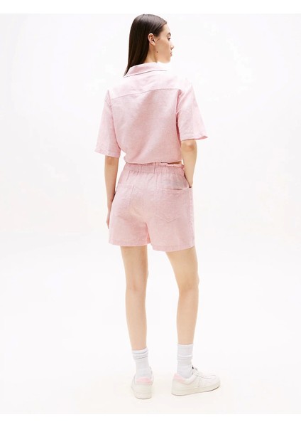 Kadın Pembe Cropped Keten Kısa Kollu Gömlek indirimleri
