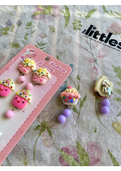 Kız Çocuk Cupcake Dondurma Figürlü Mor ve Pembe Sallantılı Boncuklu Sıkıştırmalı Çocuk Küpe Seti 6 Adet