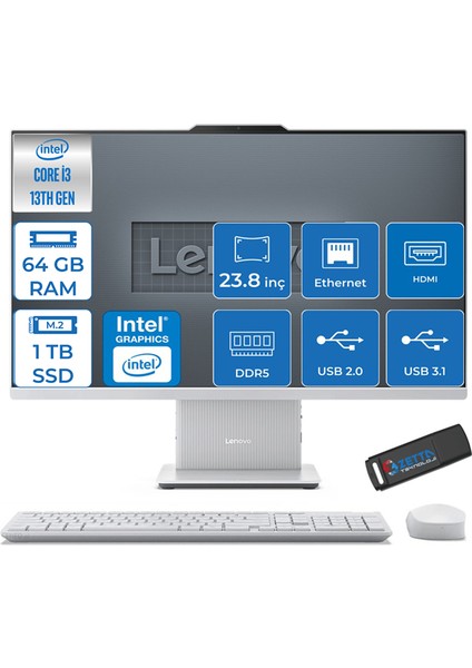 Ideacentre Aıo 24IRH9 Intel Core I3-1315U 64GB Ddr5 1tb SSD 23.8" Windows 11 Pro All In One Bilgisayar F0HN0052TRWP12 + Zetta USB Bellek