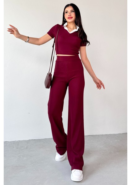 TKM-13264 Siyah Gömlek Detay Crop Bluz Yüksek Bel Pantolon Ikili Takım