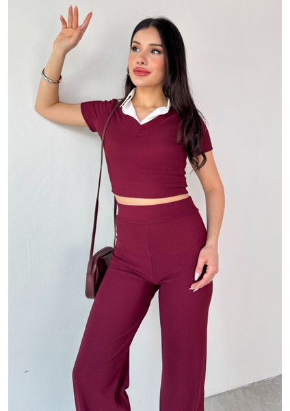 TKM-13264 Siyah Gömlek Detay Crop Bluz Yüksek Bel Pantolon Ikili Takım fiyatları