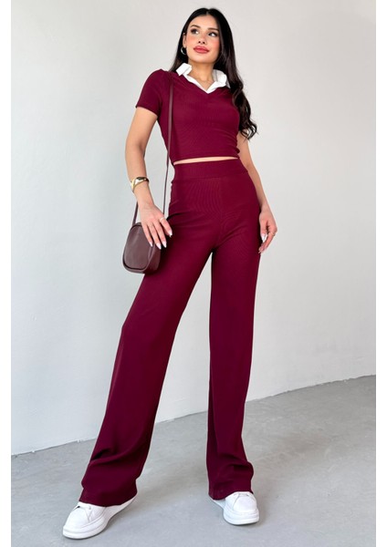 TKM-13264 Siyah Gömlek Detay Crop Bluz Yüksek Bel Pantolon Ikili Takım fırsatları