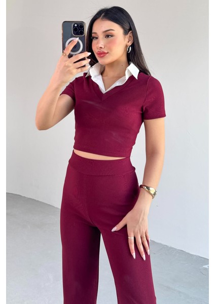 TKM-13264 Siyah Gömlek Detay Crop Bluz Yüksek Bel Pantolon Ikili Takım indirimleri