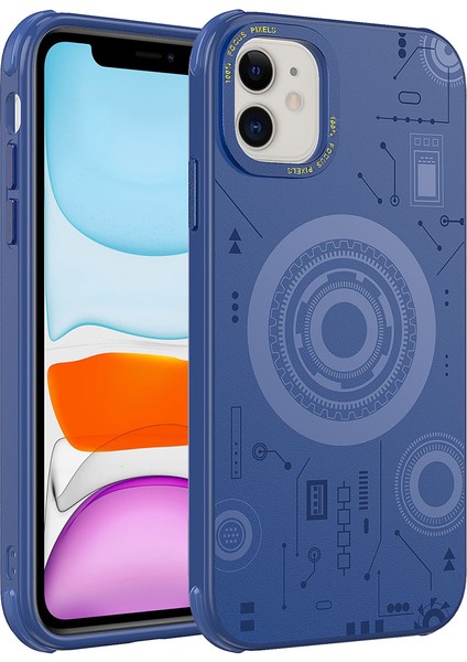 Apple iPhone 11 Kılıf Akav Wireless Şarj Özellikli Desenli Hot Kapak-Lacivert