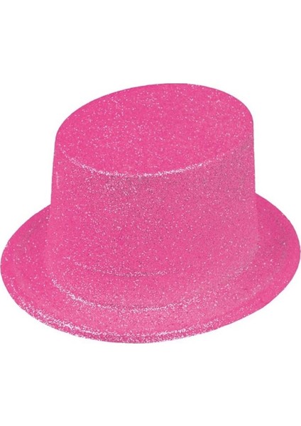 Floresan Pembe Renk Simli Uzun Fötr Melon Şapka 12 cm