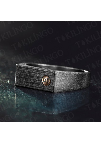 925 Ayar Gümüş Oksitli Şampanya Taşlı Sade Erkek Yüzük