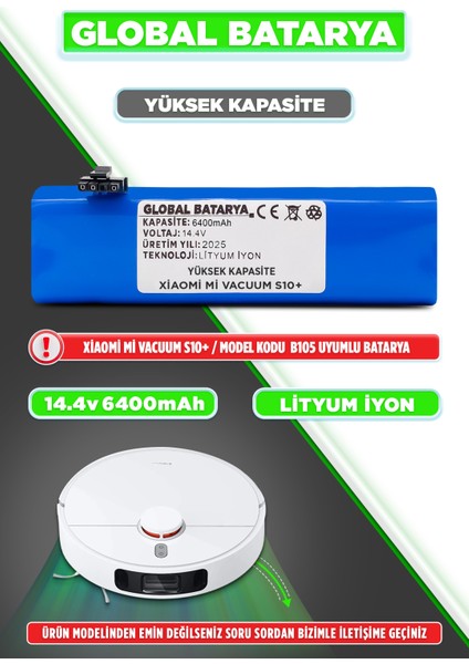 Xiaomi Mi Vacuum S10+ Uyumlu Akıllı Robot Süpürge Bataryası 14.4v 6400mah Li-Ion Pil (Yüksek Kapasite)