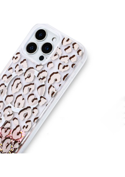 Apple iPhone 16 Pro Max Uyumlu Kılıf Sıvılı Simli Baskılı Şeffaf Arka Yüzey Ardx Mossa Silikon Kapak-Gold