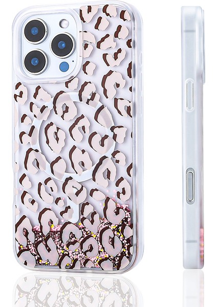 Apple iPhone 16 Pro Max Uyumlu Kılıf Sıvılı Simli Baskılı Şeffaf Arka Yüzey Ardx Mossa Silikon Kapak-Gold